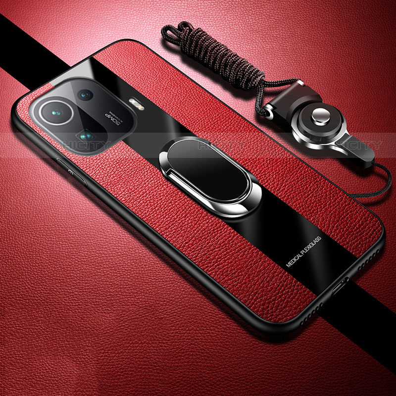 Silikon Hülle Handyhülle Gummi Schutzhülle Flexible Leder Tasche mit Magnetisch Fingerring Ständer S05 für Xiaomi Mi 11 Pro 5G Rot Plus