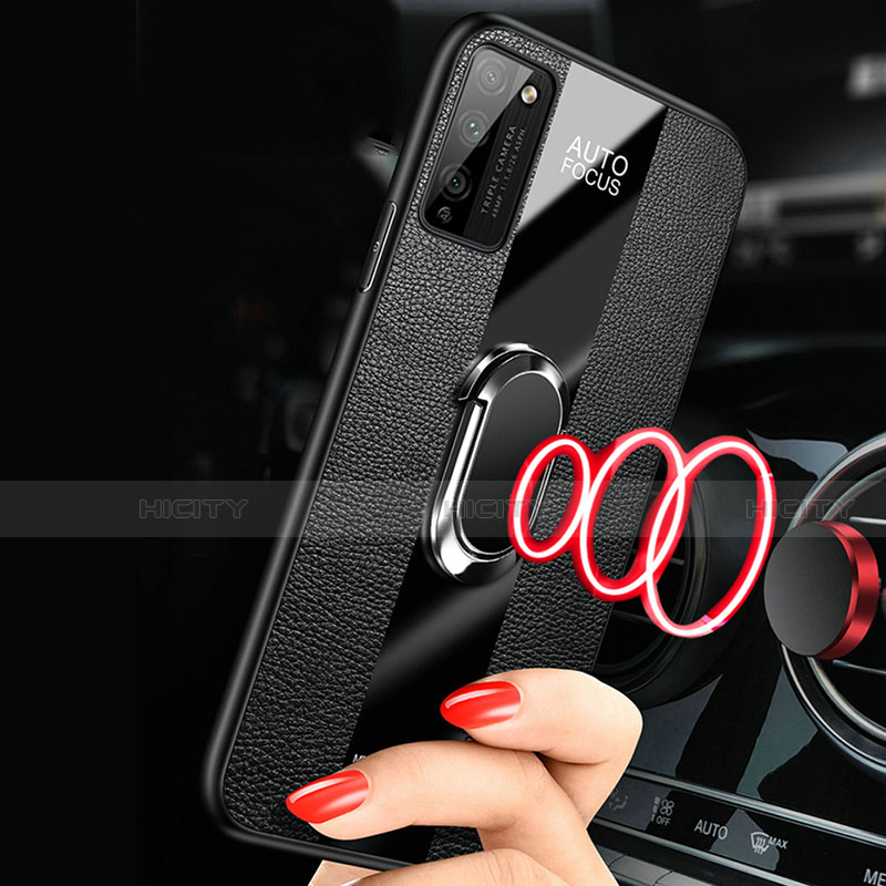 Silikon Hülle Handyhülle Gummi Schutzhülle Flexible Leder Tasche mit Magnetisch Fingerring Ständer T01 für Huawei Honor 30 Lite 5G groß