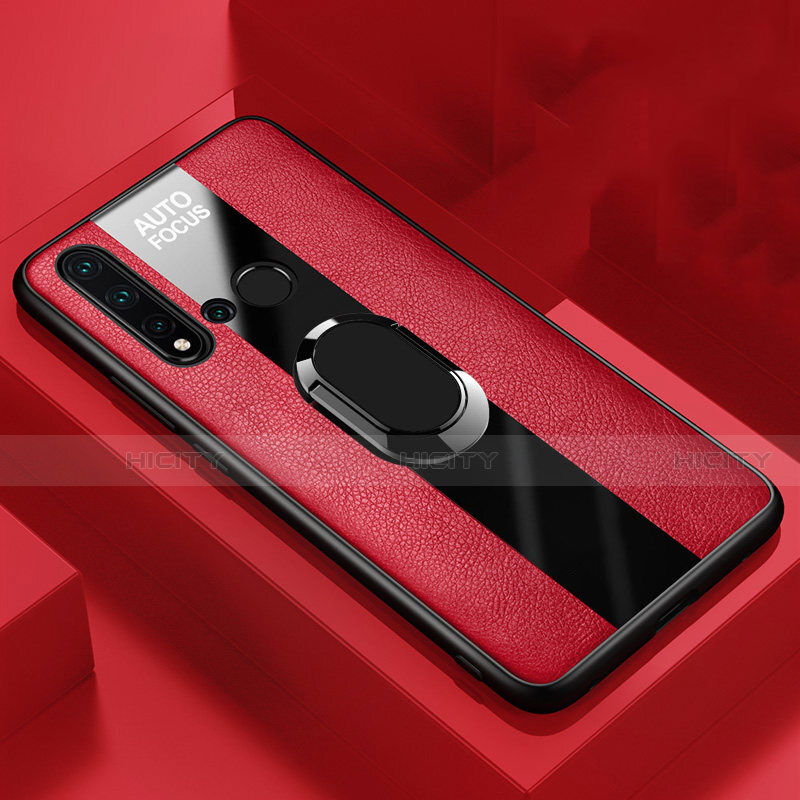 Silikon Hülle Handyhülle Gummi Schutzhülle Flexible Leder Tasche mit Magnetisch Fingerring Ständer T01 für Huawei Nova 5i Rot Plus