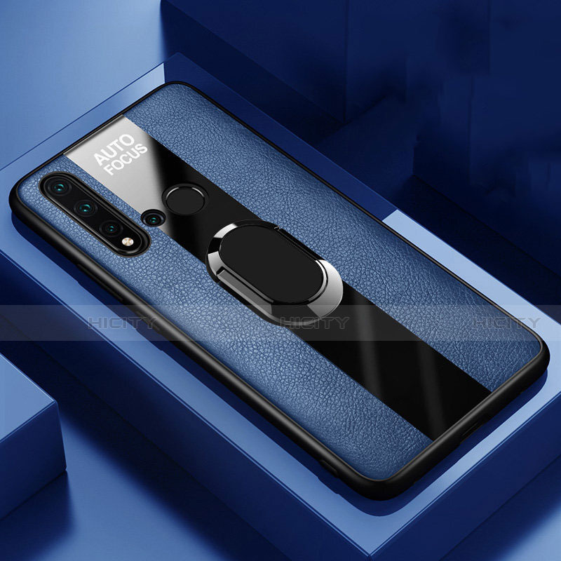 Silikon Hülle Handyhülle Gummi Schutzhülle Flexible Leder Tasche mit Magnetisch Fingerring Ständer T01 für Huawei P20 Lite (2019) Blau Plus