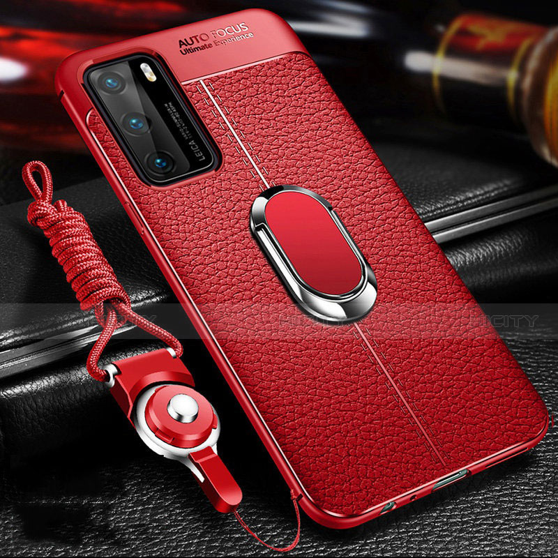 Silikon Hülle Handyhülle Gummi Schutzhülle Flexible Leder Tasche mit Magnetisch Fingerring Ständer T01 für Huawei P40