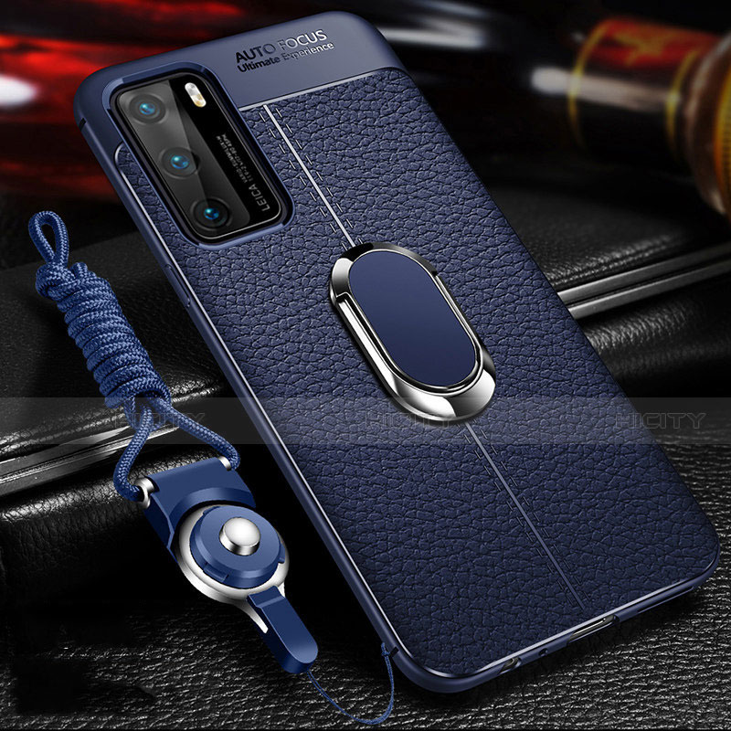 Silikon Hülle Handyhülle Gummi Schutzhülle Flexible Leder Tasche mit Magnetisch Fingerring Ständer T01 für Huawei P40