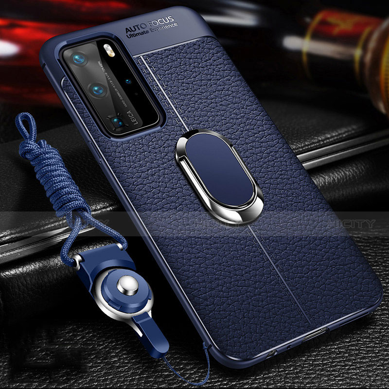 Silikon Hülle Handyhülle Gummi Schutzhülle Flexible Leder Tasche mit Magnetisch Fingerring Ständer T01 für Huawei P40 Pro groß