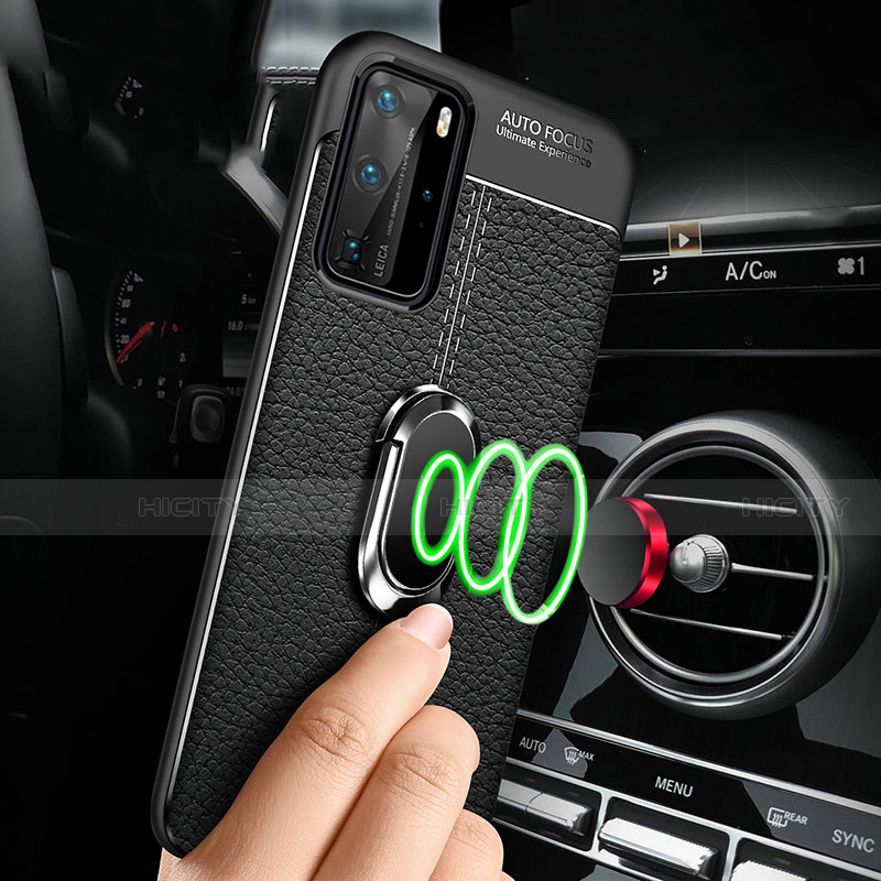 Silikon Hülle Handyhülle Gummi Schutzhülle Flexible Leder Tasche mit Magnetisch Fingerring Ständer T01 für Huawei P40 Pro groß