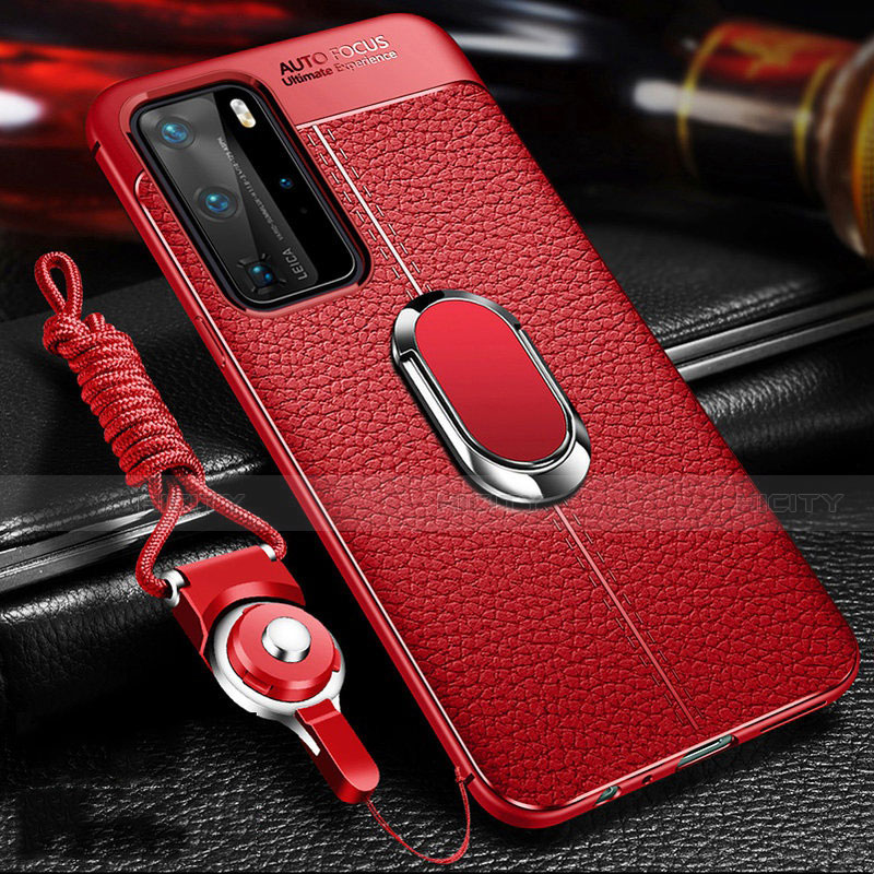 Silikon Hülle Handyhülle Gummi Schutzhülle Flexible Leder Tasche mit Magnetisch Fingerring Ständer T01 für Huawei P40 Pro Rot