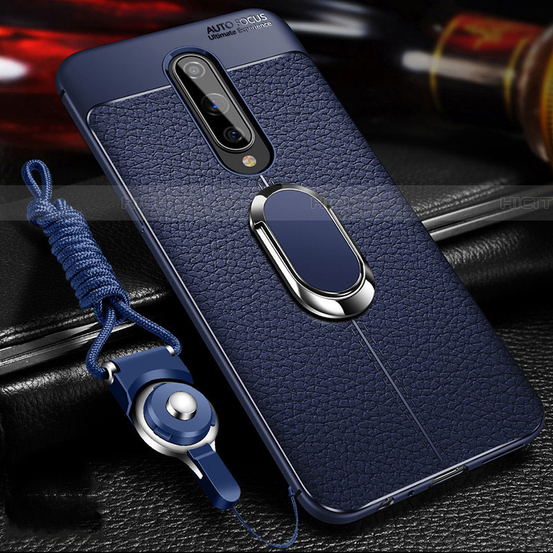 Silikon Hülle Handyhülle Gummi Schutzhülle Flexible Leder Tasche mit Magnetisch Fingerring Ständer T01 für OnePlus 8 Blau