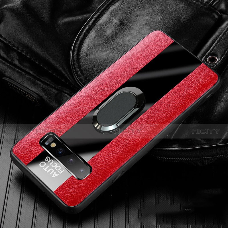 Silikon Hülle Handyhülle Gummi Schutzhülle Flexible Leder Tasche mit Magnetisch Fingerring Ständer T01 für Samsung Galaxy S10 5G Rot Plus