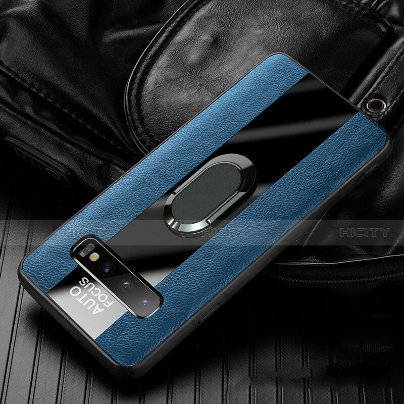 Silikon Hülle Handyhülle Gummi Schutzhülle Flexible Leder Tasche mit Magnetisch Fingerring Ständer T01 für Samsung Galaxy S10 Blau