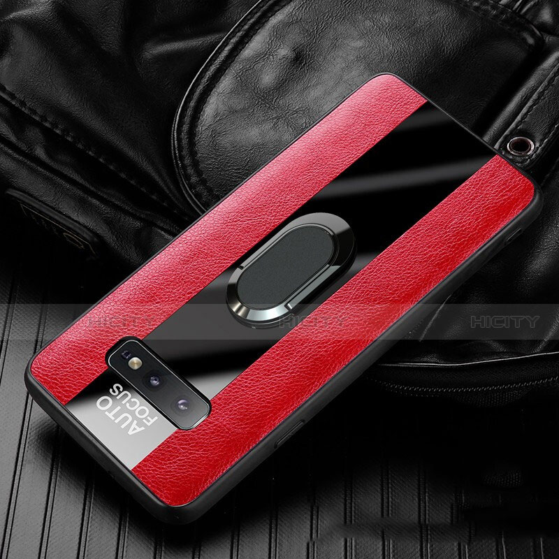 Silikon Hülle Handyhülle Gummi Schutzhülle Flexible Leder Tasche mit Magnetisch Fingerring Ständer T01 für Samsung Galaxy S10e Rot