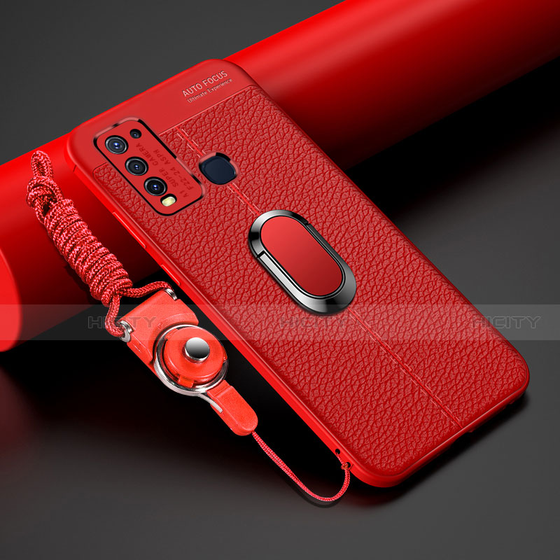 Silikon Hülle Handyhülle Gummi Schutzhülle Flexible Leder Tasche mit Magnetisch Fingerring Ständer T01 für Vivo Y50 Rot