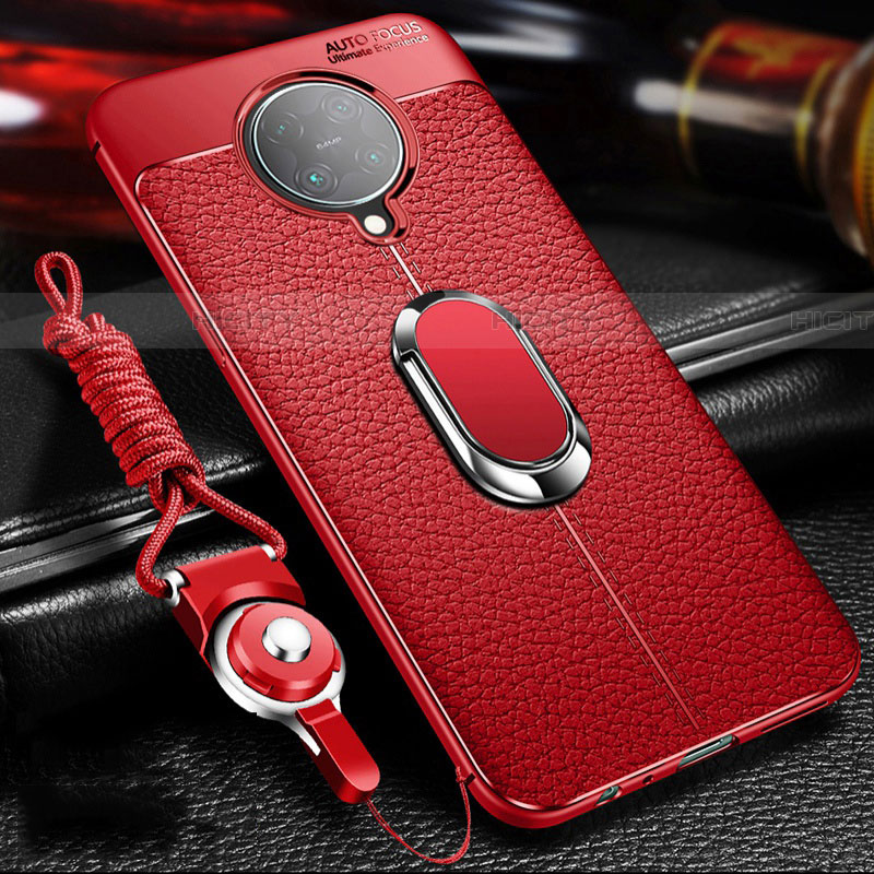 Silikon Hülle Handyhülle Gummi Schutzhülle Flexible Leder Tasche mit Magnetisch Fingerring Ständer T01 für Xiaomi Poco F2 Pro Rot