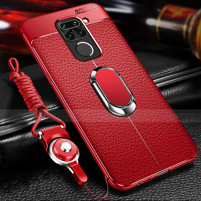 Silikon Hülle Handyhülle Gummi Schutzhülle Flexible Leder Tasche mit Magnetisch Fingerring Ständer T01 für Xiaomi Redmi 10X 4G Rot