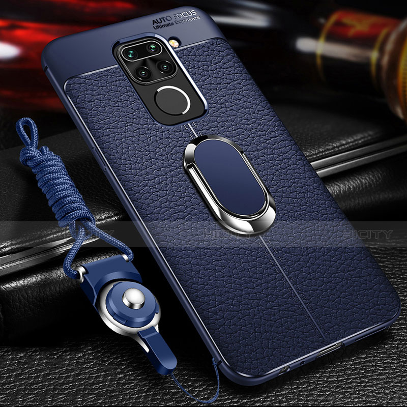 Silikon Hülle Handyhülle Gummi Schutzhülle Flexible Leder Tasche mit Magnetisch Fingerring Ständer T01 für Xiaomi Redmi Note 9 Blau Plus