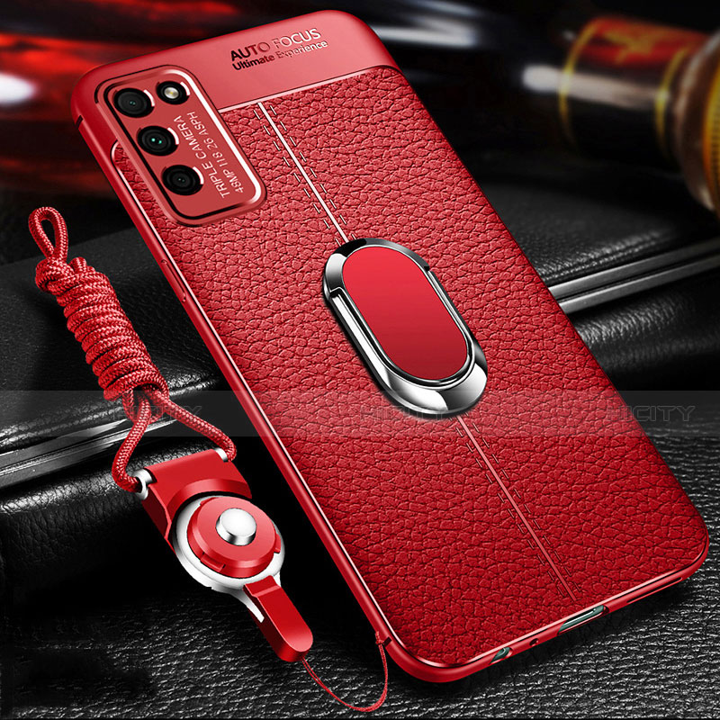 Silikon Hülle Handyhülle Gummi Schutzhülle Flexible Leder Tasche mit Magnetisch Fingerring Ständer T02 für Huawei Honor 30 Lite 5G Rot Plus