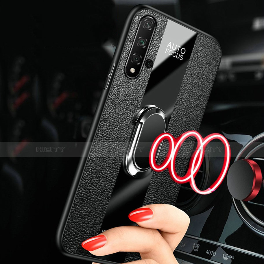 Silikon Hülle Handyhülle Gummi Schutzhülle Flexible Leder Tasche mit Magnetisch Fingerring Ständer T02 für Huawei Nova 5