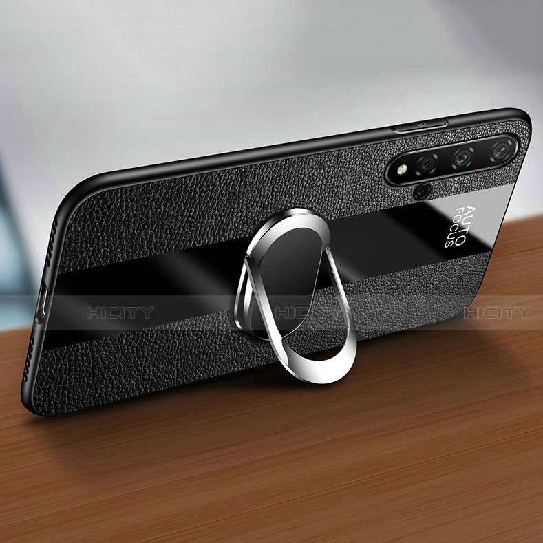 Silikon Hülle Handyhülle Gummi Schutzhülle Flexible Leder Tasche mit Magnetisch Fingerring Ständer T02 für Huawei Nova 5