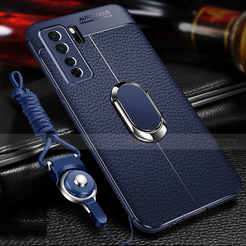 Silikon Hülle Handyhülle Gummi Schutzhülle Flexible Leder Tasche mit Magnetisch Fingerring Ständer T02 für Huawei Nova 7 SE 5G groß