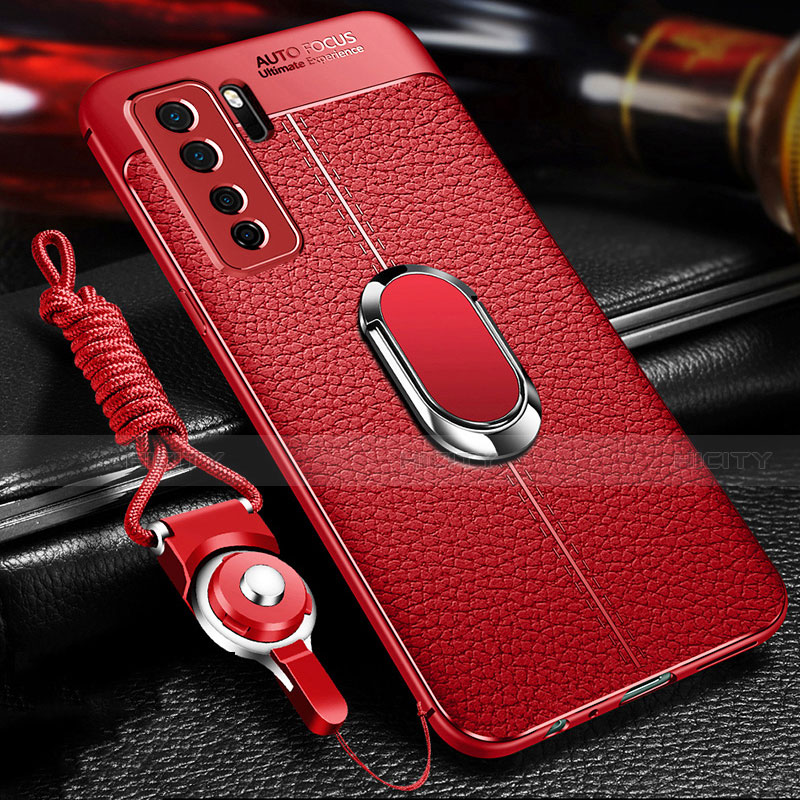 Silikon Hülle Handyhülle Gummi Schutzhülle Flexible Leder Tasche mit Magnetisch Fingerring Ständer T02 für Huawei Nova 7 SE 5G Rot Plus