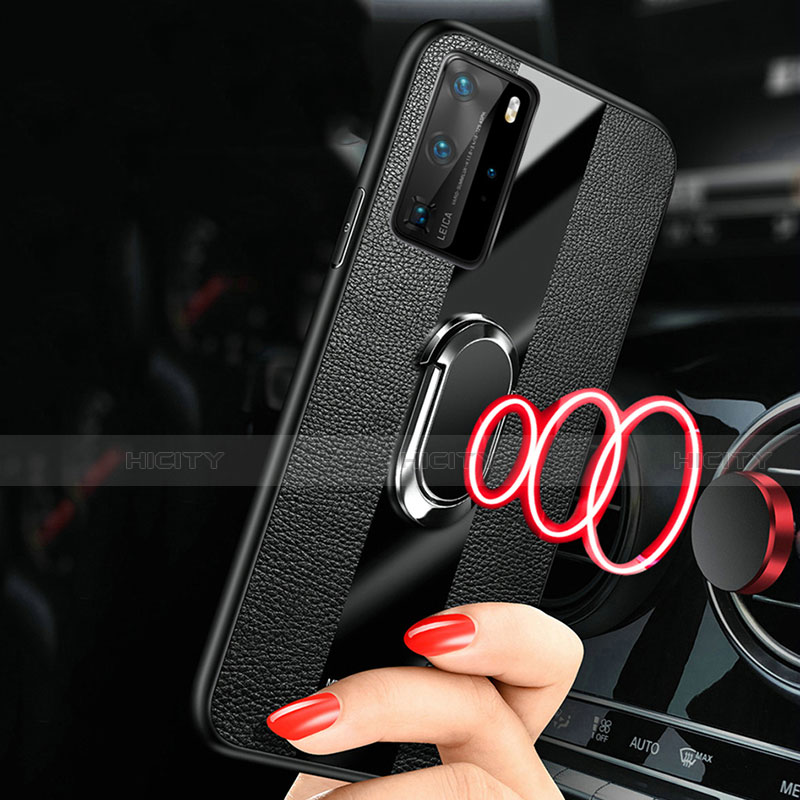 Silikon Hülle Handyhülle Gummi Schutzhülle Flexible Leder Tasche mit Magnetisch Fingerring Ständer T02 für Huawei P40 Pro