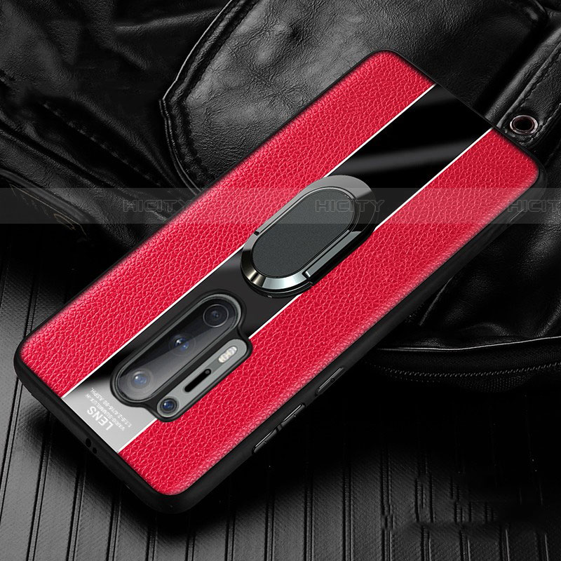 Silikon Hülle Handyhülle Gummi Schutzhülle Flexible Leder Tasche mit Magnetisch Fingerring Ständer T02 für OnePlus 8 Pro Rot