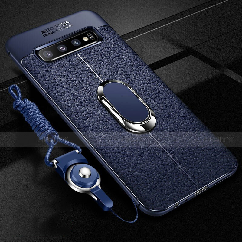 Silikon Hülle Handyhülle Gummi Schutzhülle Flexible Leder Tasche mit Magnetisch Fingerring Ständer T02 für Samsung Galaxy S10 5G Blau Plus