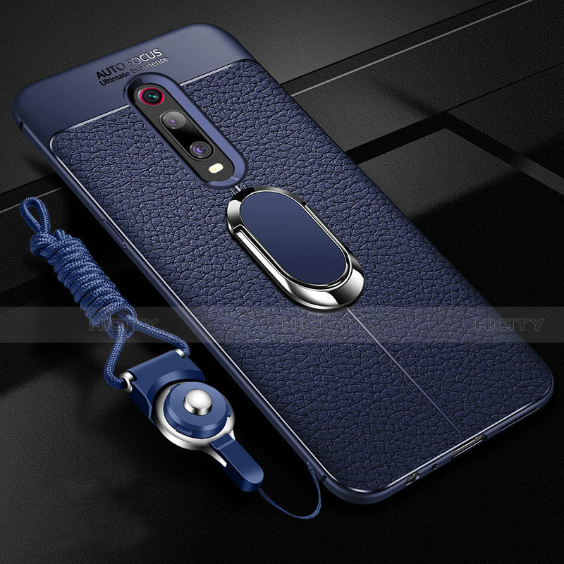 Silikon Hülle Handyhülle Gummi Schutzhülle Flexible Leder Tasche mit Magnetisch Fingerring Ständer T02 für Xiaomi Mi 9T Blau Plus