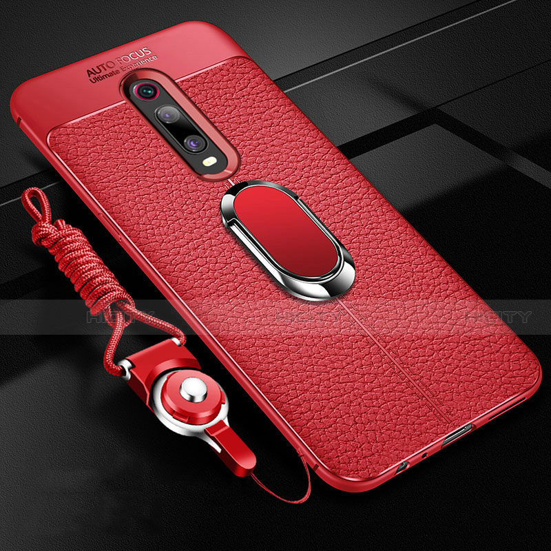 Silikon Hülle Handyhülle Gummi Schutzhülle Flexible Leder Tasche mit Magnetisch Fingerring Ständer T02 für Xiaomi Mi 9T Rot