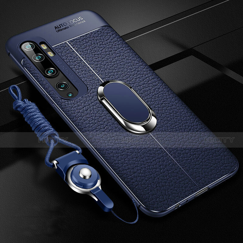 Silikon Hülle Handyhülle Gummi Schutzhülle Flexible Leder Tasche mit Magnetisch Fingerring Ständer T02 für Xiaomi Mi Note 10 Blau