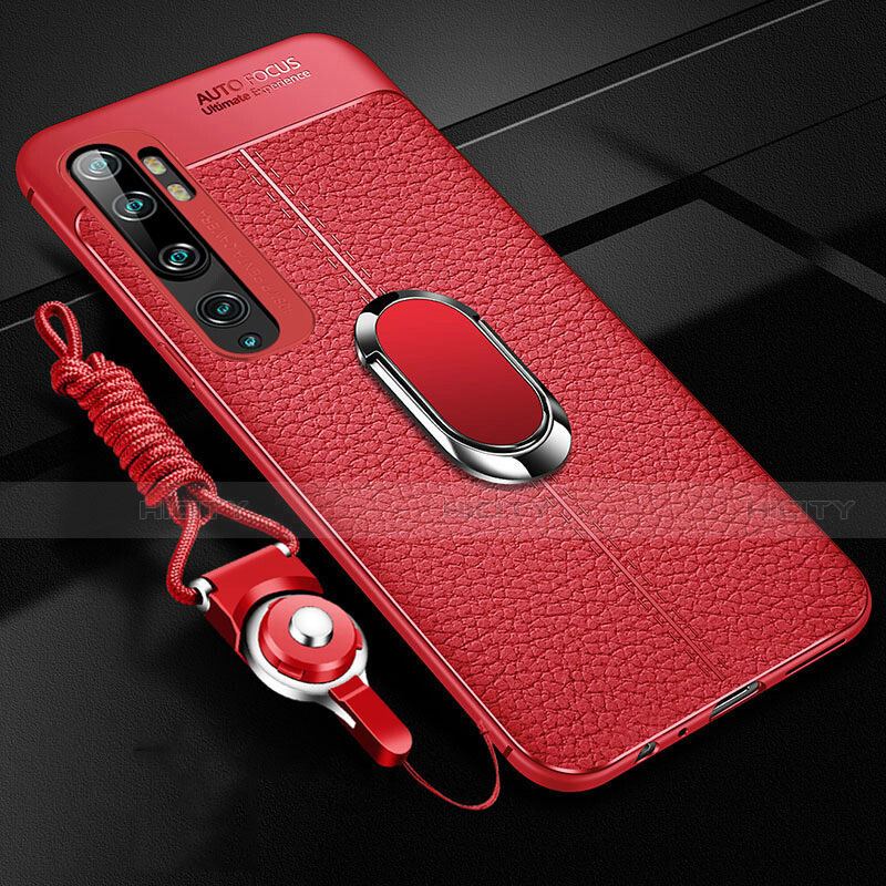 Silikon Hülle Handyhülle Gummi Schutzhülle Flexible Leder Tasche mit Magnetisch Fingerring Ständer T02 für Xiaomi Mi Note 10 Pro Rot Plus