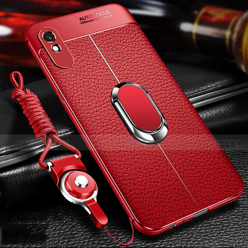 Silikon Hülle Handyhülle Gummi Schutzhülle Flexible Leder Tasche mit Magnetisch Fingerring Ständer T02 für Xiaomi Redmi 9i Rot