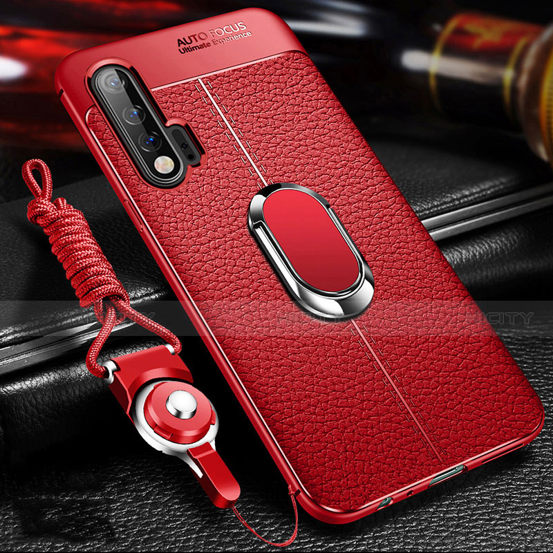 Silikon Hülle Handyhülle Gummi Schutzhülle Flexible Leder Tasche mit Magnetisch Fingerring Ständer T03 für Huawei Nova 6 Rot Plus