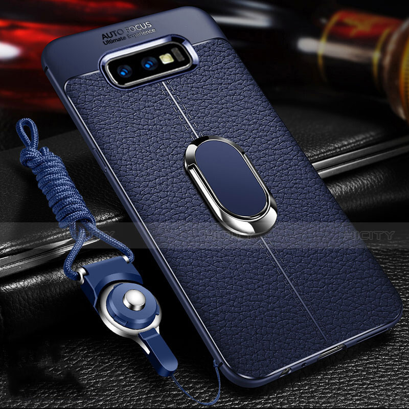 Silikon Hülle Handyhülle Gummi Schutzhülle Flexible Leder Tasche mit Magnetisch Fingerring Ständer T03 für Samsung Galaxy S10e Blau