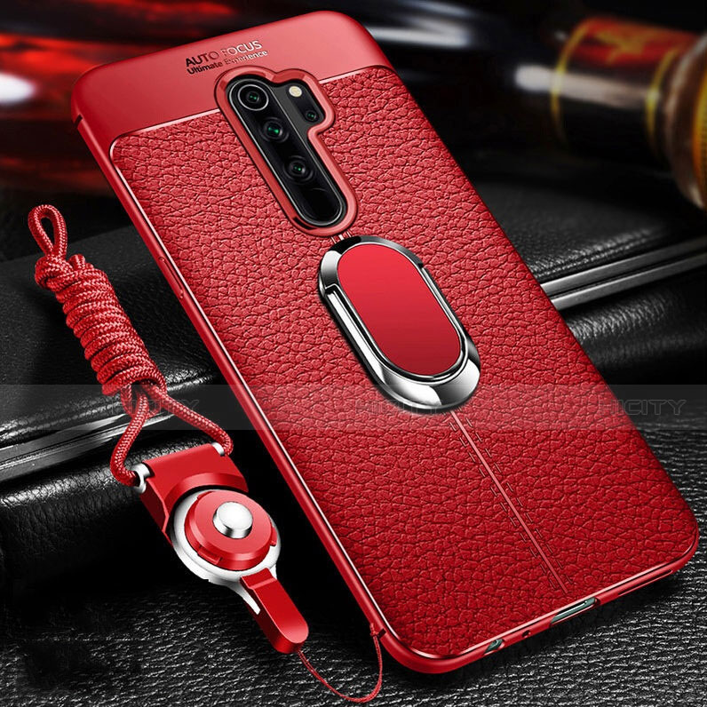 Silikon Hülle Handyhülle Gummi Schutzhülle Flexible Leder Tasche mit Magnetisch Fingerring Ständer T03 für Xiaomi Redmi Note 8 Pro Rot