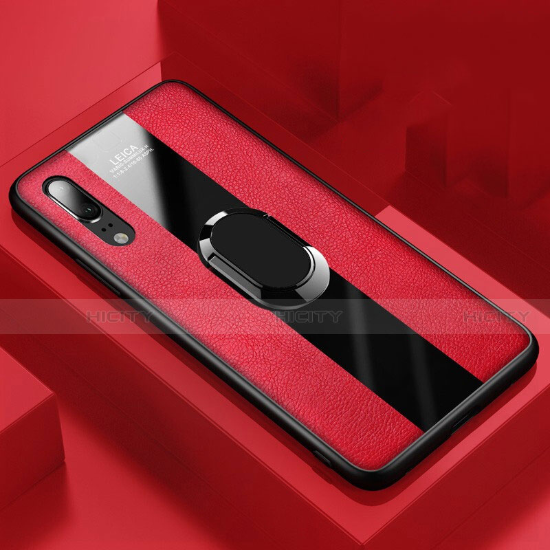 Silikon Hülle Handyhülle Gummi Schutzhülle Flexible Leder Tasche mit Magnetisch Fingerring Ständer T04 für Huawei P20 Rot Plus