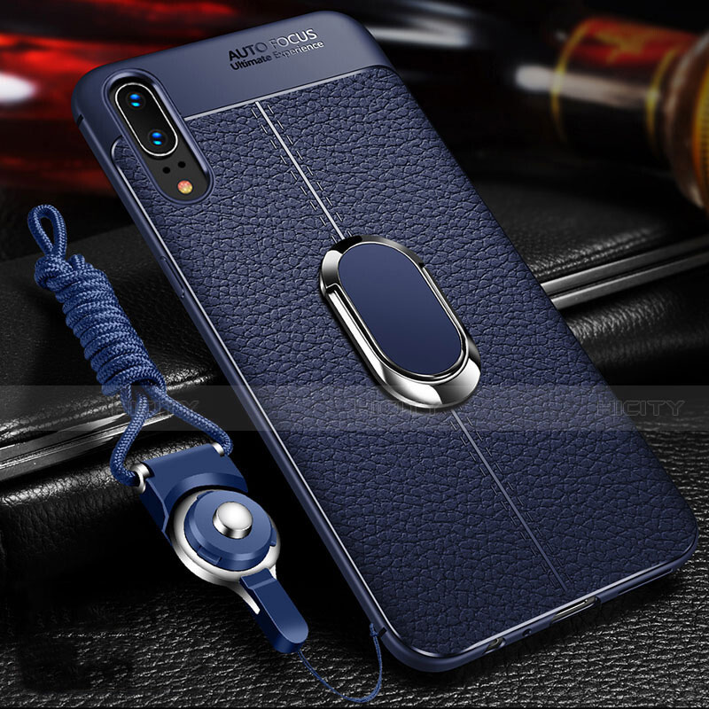 Silikon Hülle Handyhülle Gummi Schutzhülle Flexible Leder Tasche mit Magnetisch Fingerring Ständer T05 für Huawei P20 Blau