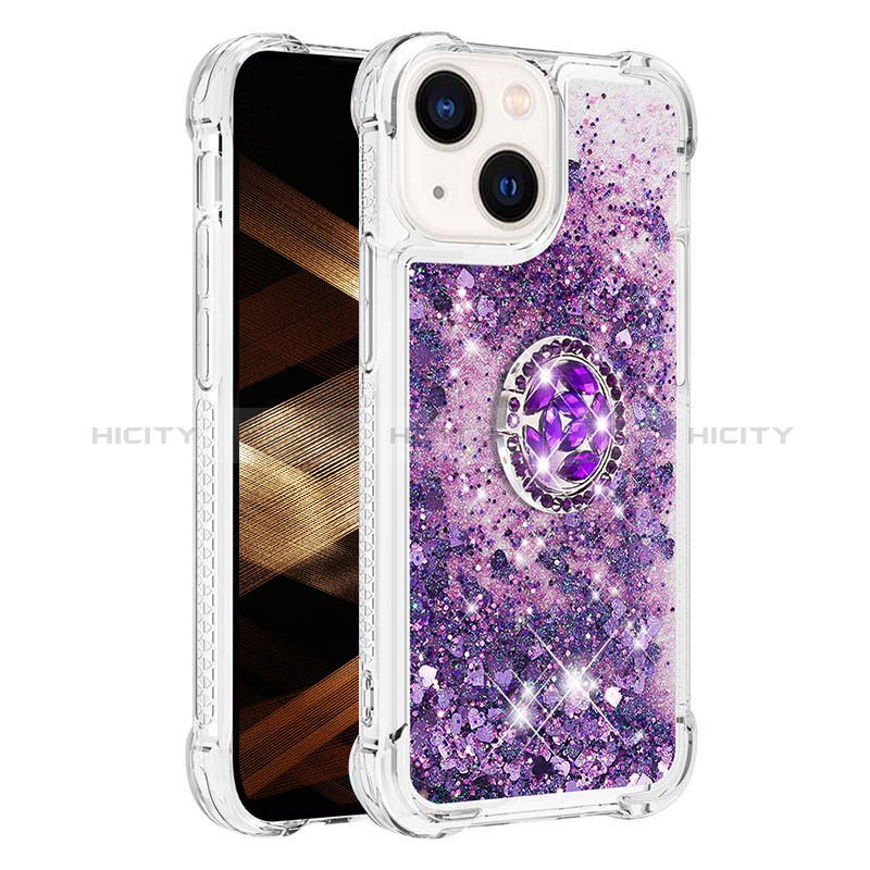 Silikon Hülle Handyhülle Gummi Schutzhülle Flexible Tasche Bling-Bling mit Fingerring Ständer S01 für Apple iPhone 15 Violett Plus