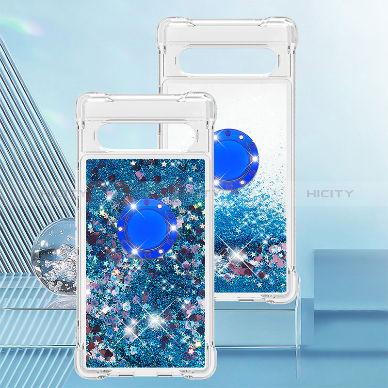 Silikon Hülle Handyhülle Gummi Schutzhülle Flexible Tasche Bling-Bling mit Fingerring Ständer S01 für Google Pixel 7a 5G Blau Plus