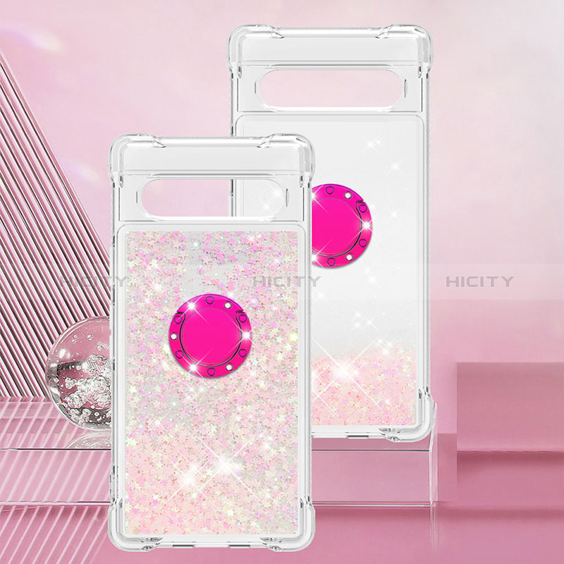 Silikon Hülle Handyhülle Gummi Schutzhülle Flexible Tasche Bling-Bling mit Fingerring Ständer S01 für Google Pixel 7a 5G Rosa Plus