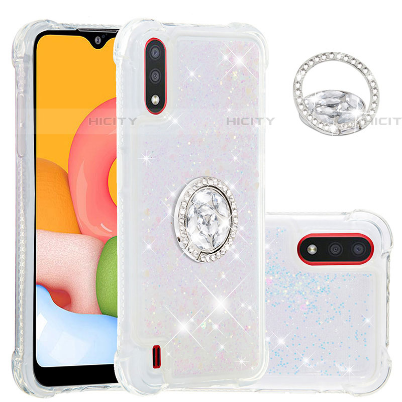 Silikon Hülle Handyhülle Gummi Schutzhülle Flexible Tasche Bling-Bling mit Fingerring Ständer S01 für Samsung Galaxy A01 SM-A015 groß