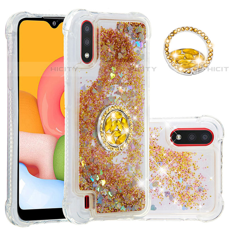 Silikon Hülle Handyhülle Gummi Schutzhülle Flexible Tasche Bling-Bling mit Fingerring Ständer S01 für Samsung Galaxy A01 SM-A015 Gold Plus