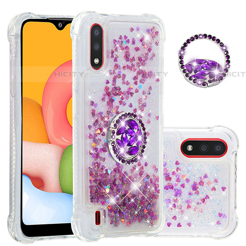 Silikon Hülle Handyhülle Gummi Schutzhülle Flexible Tasche Bling-Bling mit Fingerring Ständer S01 für Samsung Galaxy A01 SM-A015 Helles Lila Plus