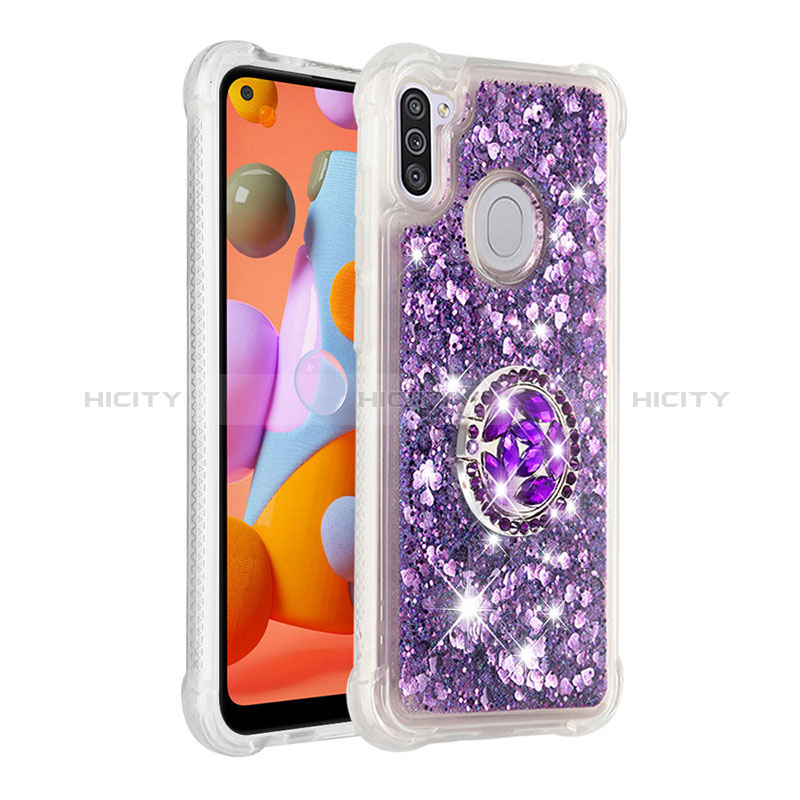 Silikon Hülle Handyhülle Gummi Schutzhülle Flexible Tasche Bling-Bling mit Fingerring Ständer S01 für Samsung Galaxy A11 Violett