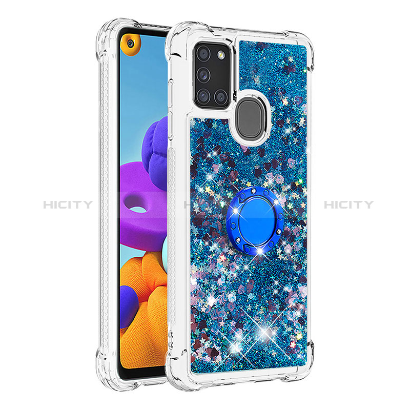 Silikon Hülle Handyhülle Gummi Schutzhülle Flexible Tasche Bling-Bling mit Fingerring Ständer S01 für Samsung Galaxy A21s groß