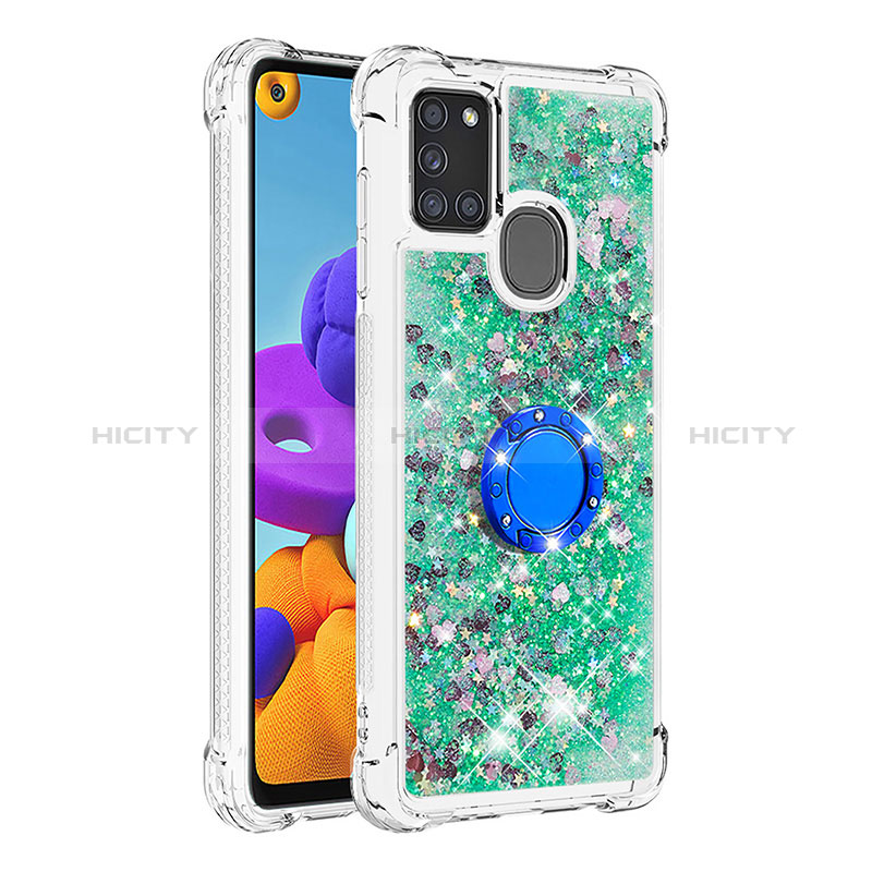 Silikon Hülle Handyhülle Gummi Schutzhülle Flexible Tasche Bling-Bling mit Fingerring Ständer S01 für Samsung Galaxy A21s groß