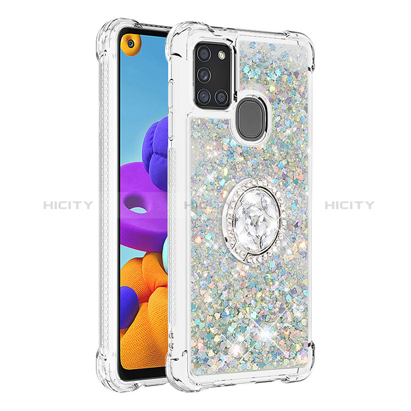 Silikon Hülle Handyhülle Gummi Schutzhülle Flexible Tasche Bling-Bling mit Fingerring Ständer S01 für Samsung Galaxy A21s