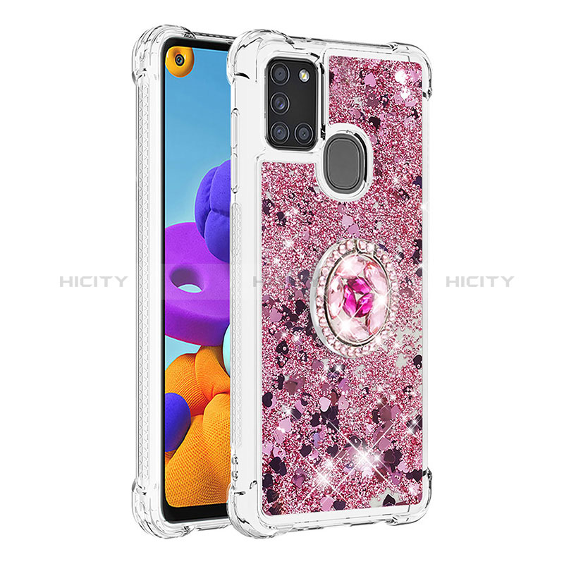 Silikon Hülle Handyhülle Gummi Schutzhülle Flexible Tasche Bling-Bling mit Fingerring Ständer S01 für Samsung Galaxy A21s groß