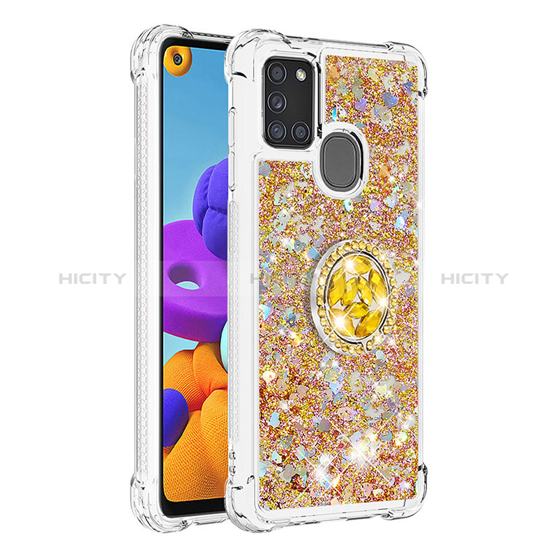 Silikon Hülle Handyhülle Gummi Schutzhülle Flexible Tasche Bling-Bling mit Fingerring Ständer S01 für Samsung Galaxy A21s Gold