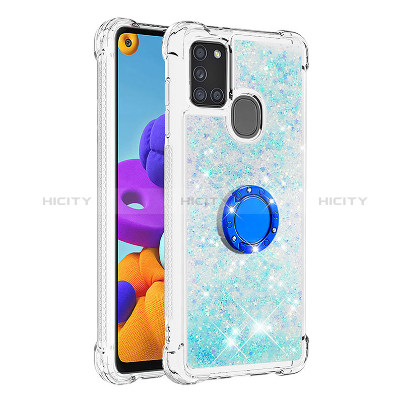 Silikon Hülle Handyhülle Gummi Schutzhülle Flexible Tasche Bling-Bling mit Fingerring Ständer S01 für Samsung Galaxy A21s Hellblau Plus