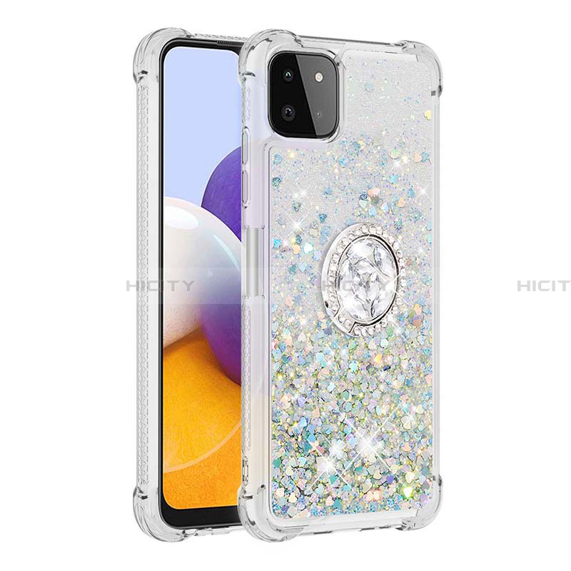 Silikon Hülle Handyhülle Gummi Schutzhülle Flexible Tasche Bling-Bling mit Fingerring Ständer S01 für Samsung Galaxy A22 5G Silber