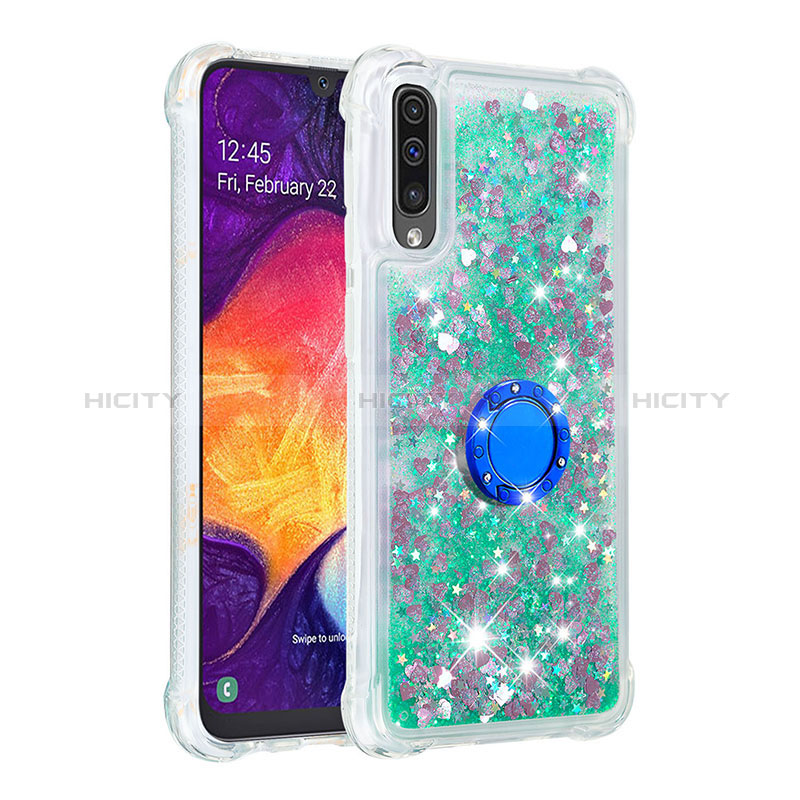 Silikon Hülle Handyhülle Gummi Schutzhülle Flexible Tasche Bling-Bling mit Fingerring Ständer S01 für Samsung Galaxy A30S Grün